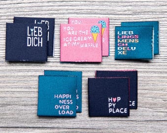 Set geweven labels van 100% polyester (rPET) "Happy Vibes", 10 stuks, om op te naaien, 9130