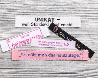 Geweven katoenen textiellabelset "Humoristische Naaispreuken" (5 stuks) - om op te naaien, voor naai- en doe-het-zelfprojecten, 8510