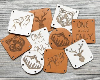 Leren labelset met outdoormotieven, "Adventure" set van Unikati - natuurlijk leer, bruin en wit, om op te naaien, 9114