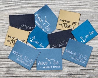 Set geweven labels van 100% polyester (rPET) "Maritime" van Unikati, 10 kleurrijke innaaibare textiellabels, 9116