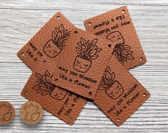 Conjunto de etiquetas/parches de piel sintética de origen vegetal con motivo vegetal "Bloom & Flower", FloraPap o piel sintética con forma de manzana (vegana), únicos, para coser, 9131