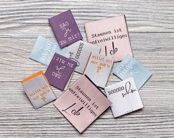 Juego de etiquetas tejidas de 100 % poliéster (rPET) "Bag Love" – 10 etiquetas textiles con frases, etiquetas para coser en bolsos y ropa, 9121