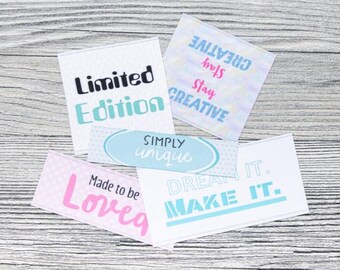 Set satijnen stoffen labels "Creative Statements" - 5 labels gemaakt van 100% gerecycled polyester om op te naaien, 8804