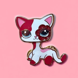 Coquette Bobble head LPS Shorthair cat hard enamel pin white pink with glitter / gold / Retro Y2K nostalgia