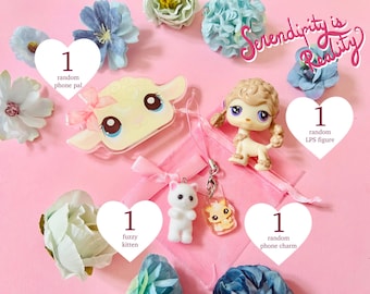 Coquette LPS Geschenktüte: 1 zufällige authentische Littlest Pet Shop Figur + 1 Handy-Kumpel + 1 Baby-Haustier-Handyanhänger + 1 Püppchen-Geschenk