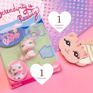 Lot cadeau LPS chat persan : 1 porte-clés lampe NIB Littlest Pet Shop + 1 miroir compact/cadeau poupée coquette