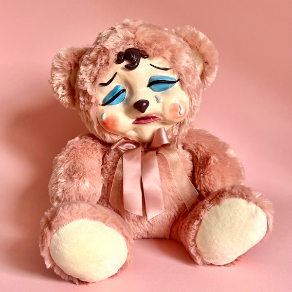 Crying bear clay face plush handmade collectible ooak art doll / Retro rubber face style