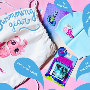 Lot natation été LPS : 1 requin NIB Littlest Pet Shop + 1 sac à dos en toile + bonnet de bain + 1 porte-clés tortue / nostalgie des années 2000