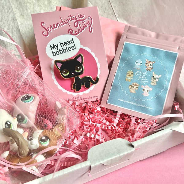 LPS Gift box: shorthair cat black bobble head enamel pin + baby pets phone charm and mystery bag of 3 random Littlest Pet Shop figures