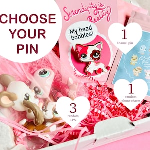 LPS Gift box: bobble head enamel pin of your choice + random baby pet phone charm and mystery bag of 3 random Littlest Pet Shop figures
