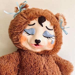 Big crying coquette dollette bear clay face plush handmade collectible ooak art doll / Retro rubber face style