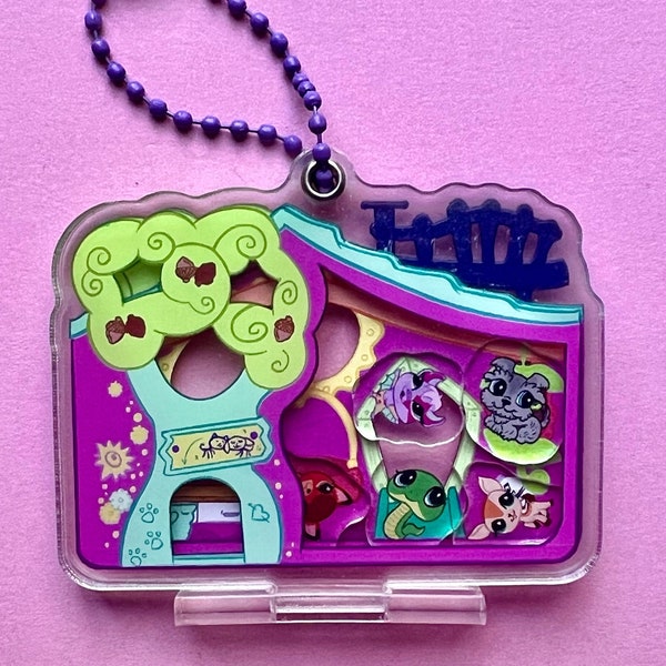 LPS Purple tree house for little pet playset openable shaker keychain/standee with pets charms / retro nostalgia