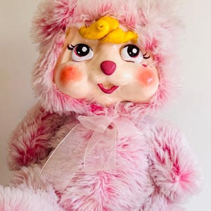Happy bear clay face plush handmade collectible ooak art doll / Retro rubber face style