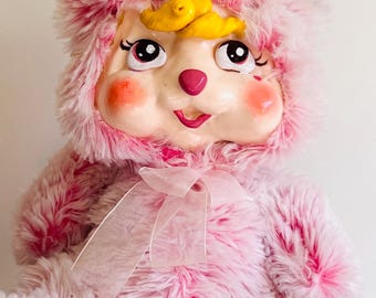 Oso feliz de peluche con cara de arcilla, hecho a mano, coleccionable, muñeco de arte único / Estilo retro con cara de goma