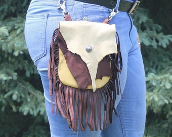 Rustic Deerskin Belt Loop Hip Bag, Camel, Cream, Chocolate and Gold with Fringe