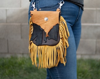 Handmade Hip Bag Rustic Deerskin Belt Loop Clip On, Black, Camel & Chocolate with Fringe