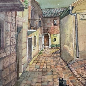 Black Cat in Petralia Soprana, Sicily, Original Watercolor