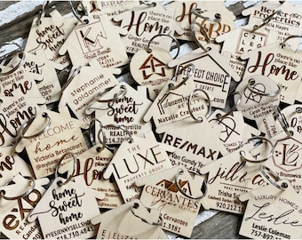 Custom Realtor Keychain: Personalized Wood House or Key Bag Tag for Real Estate Agent, New Home, or Closing Gift