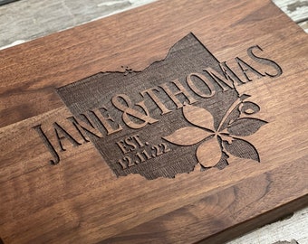 Ohio Buckeye Pride State Outline Cutting Board, Custom Engraved Butcher Block, Unique Gift for New Home, Moving, Realtor, Wedding, Newlyweds