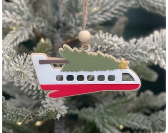 Airplane with Christmas Tree Ornament: Personalized Travel Keepsake