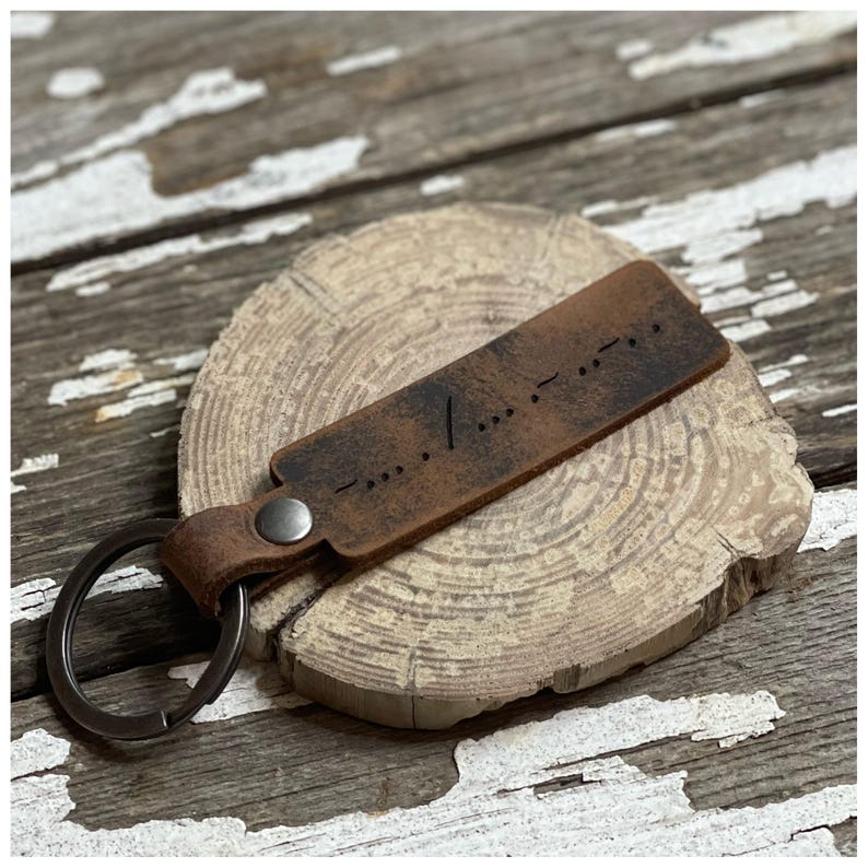 Morse Code Distressed Leather Keychain: Genuine Leather Bag Tag and ...