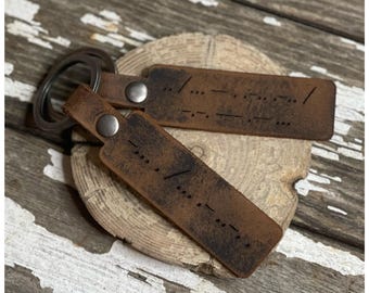 Morse Code Distressed Leather Keychain: Genuine Leather Bag Tag and Personalized Keepsake for New Driver or Gift