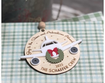 Joy to the Skies and Adventures Ahead Airplane with Wreath Ornament: Custom Aviation Christmas Keepsake for Pilots, Flight Crew & Travelers