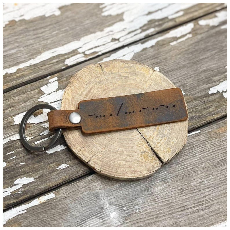 Morse Code Distressed Leather Keychain: Genuine Leather Bag Tag and ...