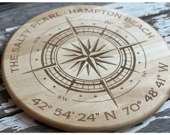Compass Rose with Coordinates Cutting Board, Personalized Round Butcher Block, Unique Gift for Wedding, New Home, Lake House, Beach Cottage