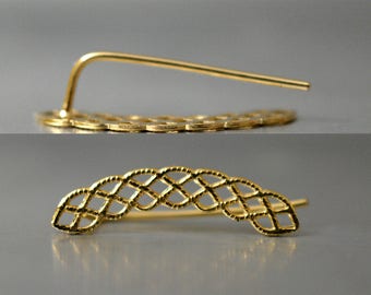 Gold Bridal Earrings, Gold lace earrings, Gold Ear Climber, Wedding Earrings,  Delicate ear cuff,  Gold ear pin earrings, modern  earrings
