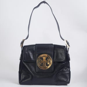 Vintage Tory Burch Black Leather Double T Emblem Shoulder Bag