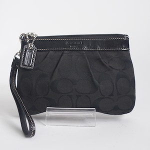 Vintage COACH Signature Pleated Jacquard Leather Trim Black Wristlet
