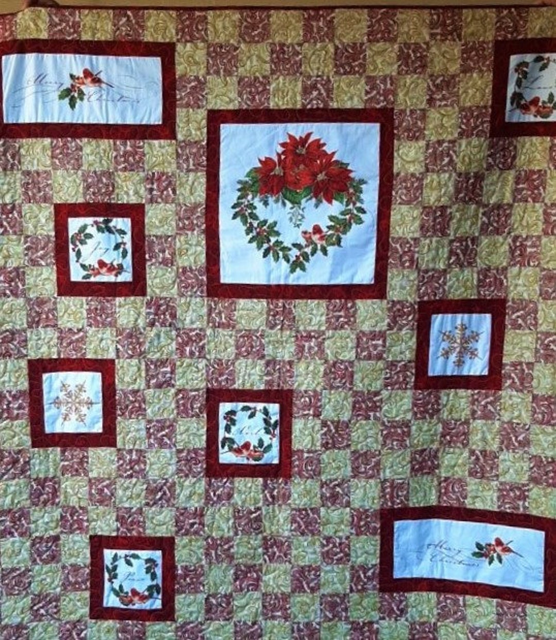 Red and Gold Patchwork Quilt Joy Love Merry Christmas Etsy