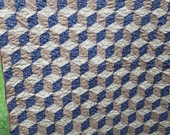 Reproduction fabrics tumbling blocks quilted lap rug, vintage-look quilt,  Farmhouse, Free Shipping, Quiltsy handmade, Texas Friends Team