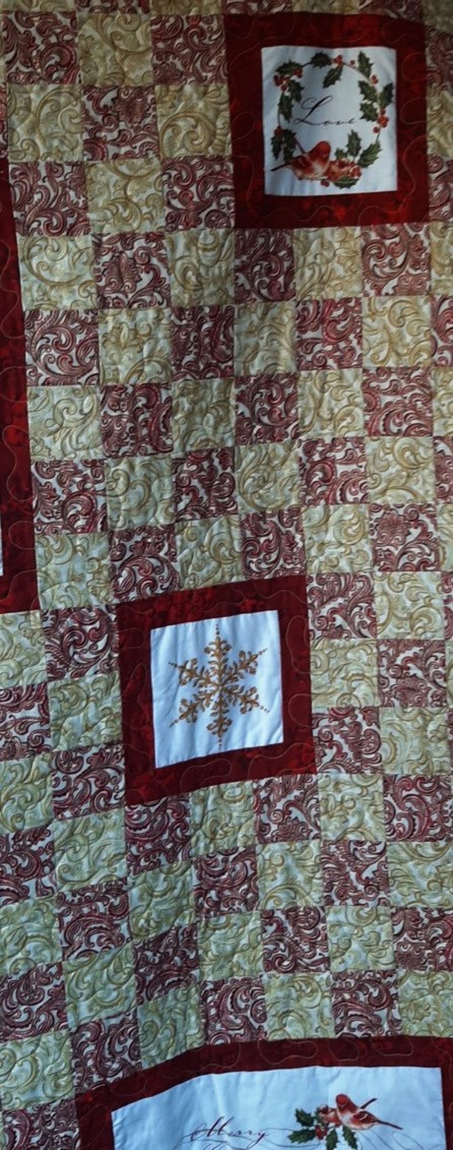 Red and Gold Patchwork Quilt, Joy, Love, Merry Christmas Quilt, Quilted