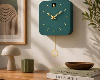 Minimalist Cuckoo Clock, Firuze Wall Clock with Saffron Details, Modern Home Decor
