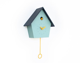 Cuckoo Clock - Concrete coated Mold Green painted with sun yellow accessories & anthracite roof - Handmade - Modern Design (GSC01KYGSC)