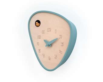 Reloj de cuco artesanal - Verde hielo, pájaro ámbar, diseño moderno