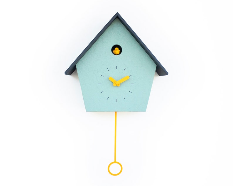 Cuckoo Clock Concrete coated Mold Green painted with sun yellow accessories & anthracite roof Handmade Modern Design GSC01KYGSC image 3