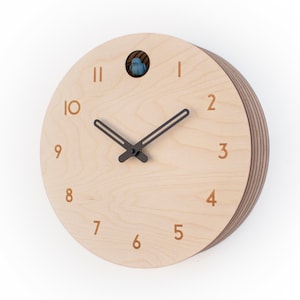 Minimal Wooden Wall Clock – Modern Birch Design with Custom Color Hands and Bird