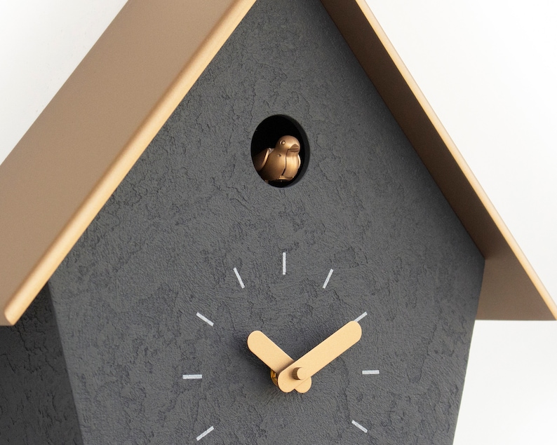 Cuckoo Clock Concrete coated anthracite painted with brass painted accessories & brass painted roof Handmade Modern Design GSC07ANPBC image 7