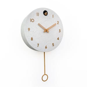 White Concrete Cuckoo Clock – Minimalist Wall Decor, Brass Details, Optional Pendulum