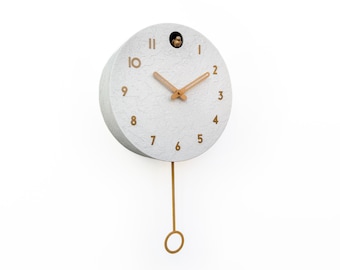 White Concrete Cuckoo Clock – Minimalist Wall Decor, Brass Details, Optional Pendulum
