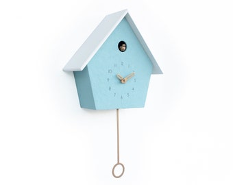 Cuckoo Clock - Powder Blue painted concrete coated with Brass painted accessories & White roof - Handmade - Modern Design (GSC04PMPBR)