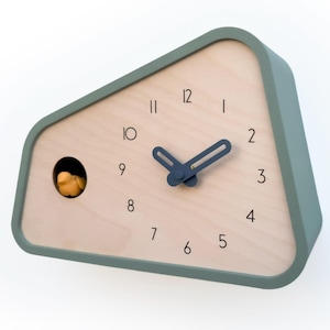 Modern Cuckoo Clock - Muted Green with Amber bird and Wind clock hands - Handmade - Modern Design (GS3AK01MGX)