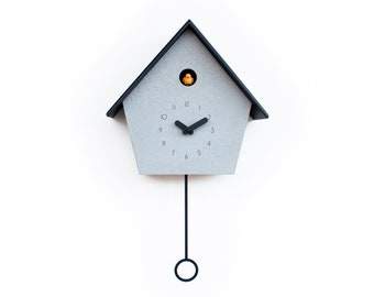 Cuckoo Clock - Concrete coated with black accessories, amber bird & black roof - Handmade - Modern Design (GSC05BXR)