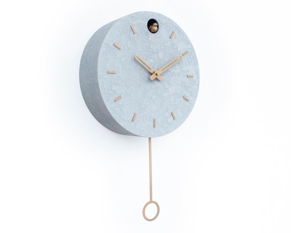 Minimal Concrete Cuckoo Clock – Modern Wall Decor, Brass Details, Optional Pendulum