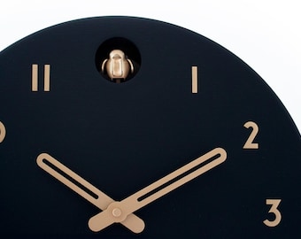 Black Cuckoo Clock, Brass Colored Details, Modern Wall Decor, Minimalist Wooden Handmade Design