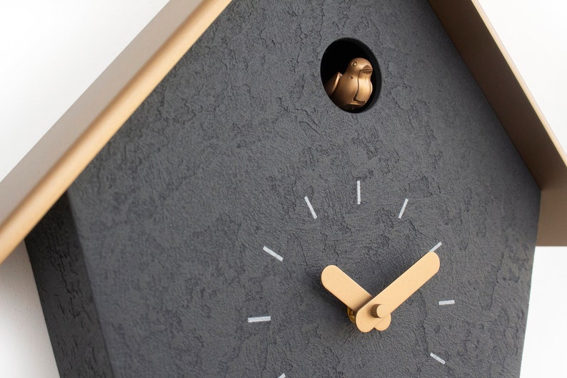 Cuckoo Clock Concrete coated anthracite painted with brass painted accessories & brass painted roof Handmade Modern Design GSC07ANPBC image 10