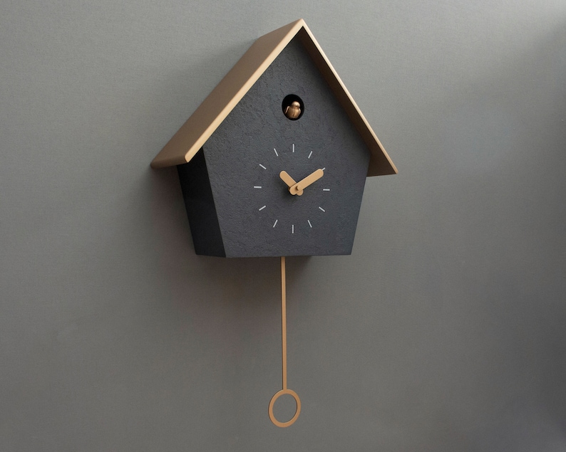 Cuckoo Clock Concrete coated anthracite painted with brass painted accessories & brass painted roof Handmade Modern Design GSC07ANPBC image 4